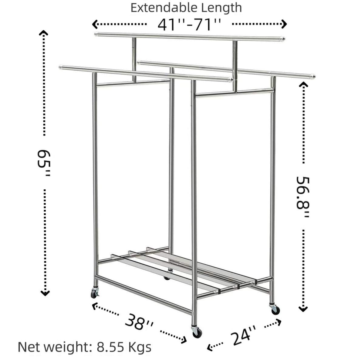 Roeveca Stainless Steel Clothes Rack, 3-Rod Garment Rack for Hanging Clothes with 4 Wheels Load 600 LBS