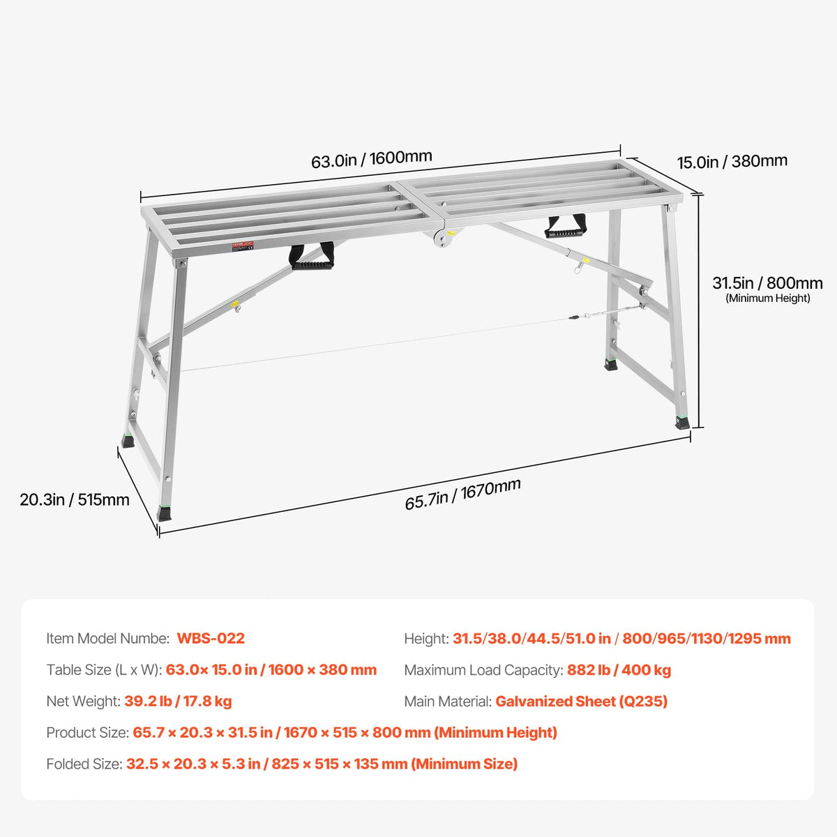 VEVOR Work Platform, 63"x 15" Portable Scaffolding Platform, Folding Steel Step Ladder Adjustable Height 31.5”-50.1”, 800 lbs Load Capacity, Non-Slip Drywall Painting Stool for Cleaning &Washing