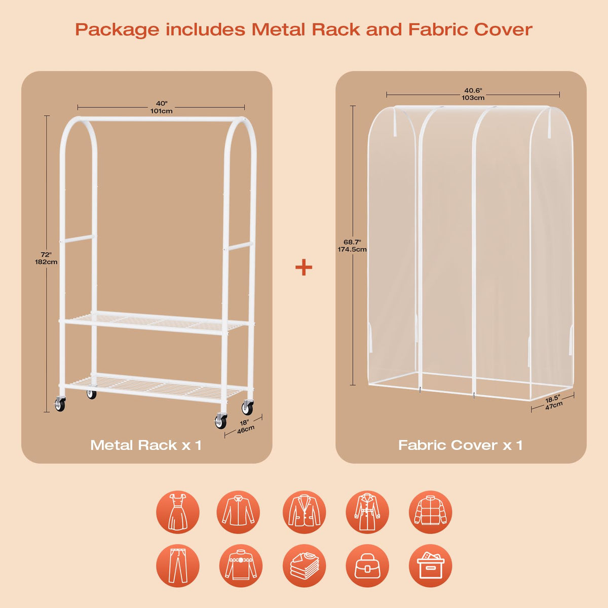 Univivi Clothes Rack with Clear Dust Cover, 2-in-1 Heavy-Duty Clothing Rack with Bottom Storage Shelf, Tool-Free Quick Assembly Portable Closet Rack for Hanging Clothes and Bedroom Closet Organization
