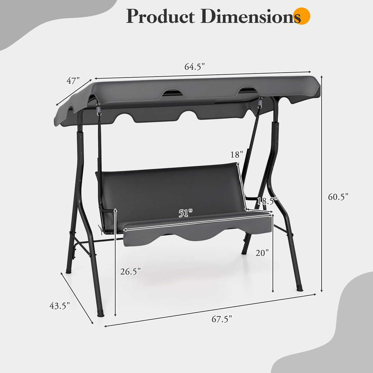 HAPPYGRILL 3-Person Patio Swing Chair, Outdoor Swing Glider with Adjustable Canopy and Removable Cushion, Porch Swing with Stand for Garden and Backyard, (Grey)