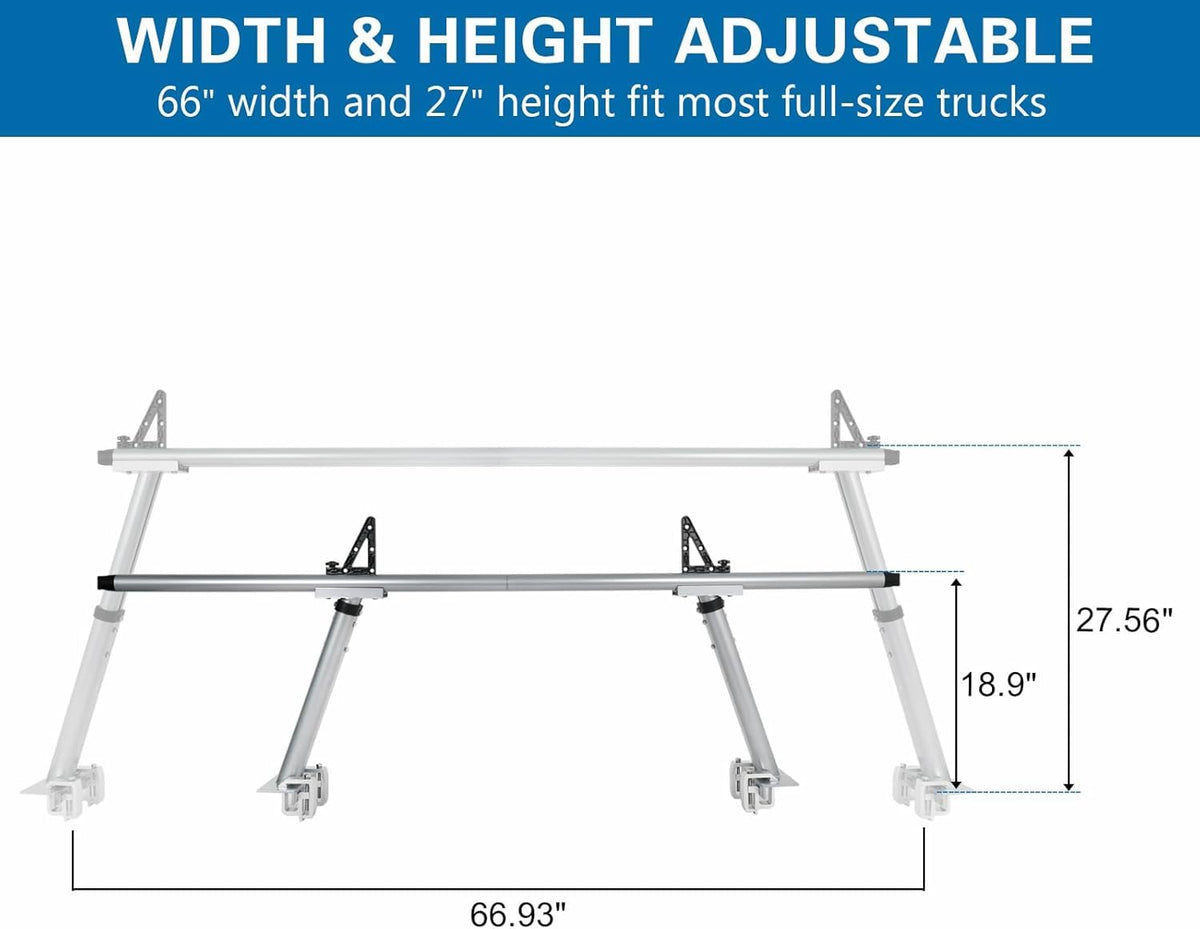 OUTPRIZE Non-Drilling Aluminum Truck Rack, Heavy Duty Width and Height Extendable Truck Bed Ladder Rack, Fit for Max 66" Wide Truck Bed, 600 lb. Capacity