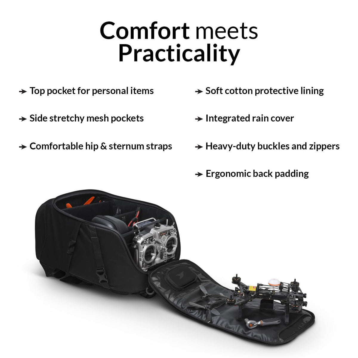 Torvol Quad PITSTOP Backpack Stealth Edition, Compact FPV Drone Backpack for 2 Drones, Fits DJI Mini 3, Mini 4 Pro, DJI Neo, with Laptop Compartment, Waterproof Rain Cover, Black, 26L