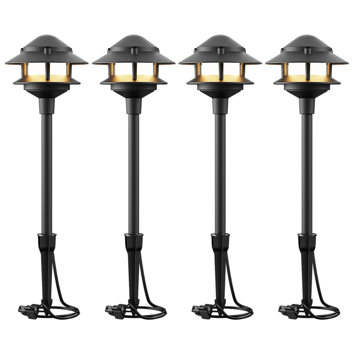 VENUS MANUFACTURING 12V Low Voltage Landscape Path Lights, 4-Pack 2.2W LED 2-Tier Tiered Path Lights (3100K Warm White) Landscape Lighting, Die-Cast Metal Housing with Stake, IP65 Weatherproof, Black