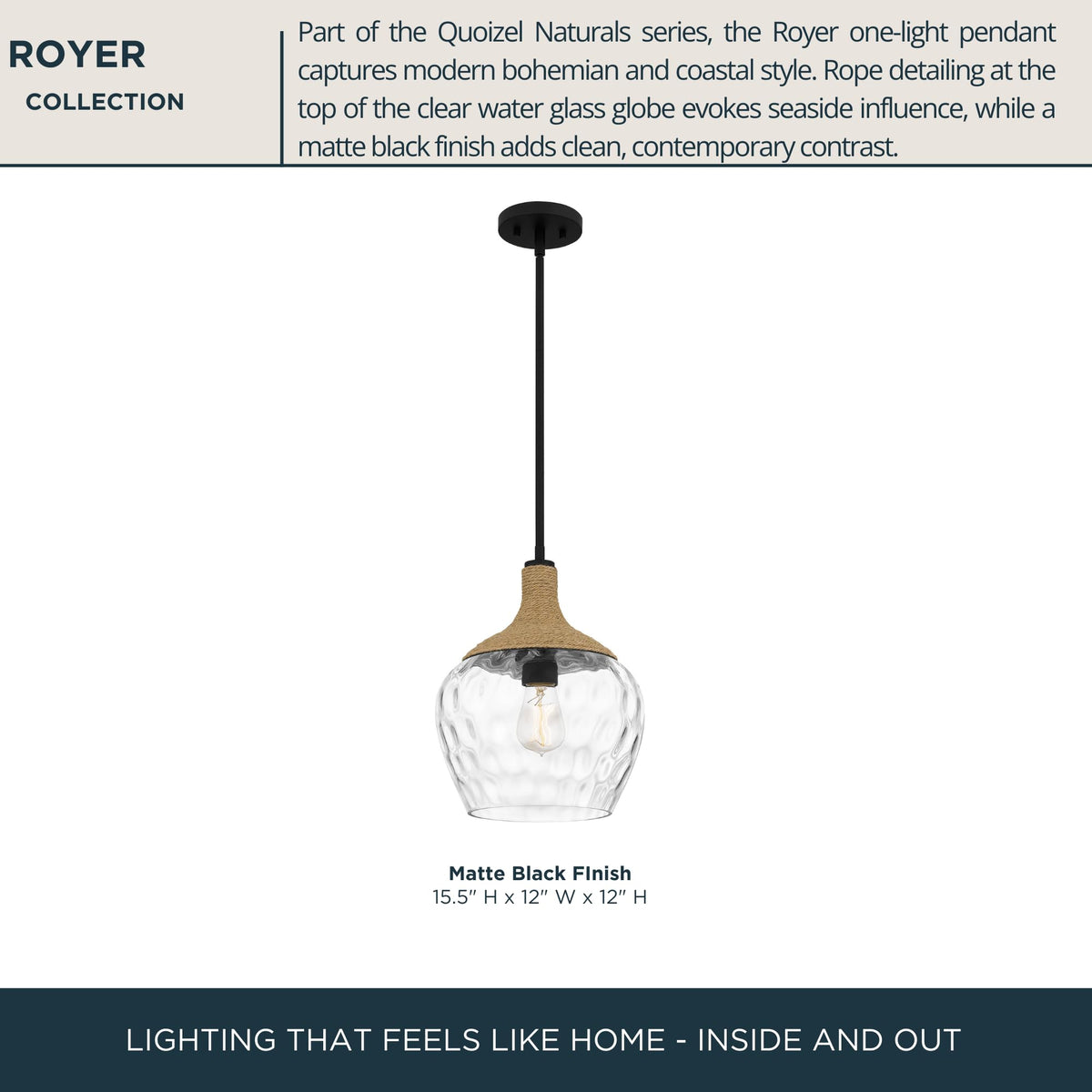 Quoizel Royer 1-Light Mini Pendant, Matte Black, Clear Water Glass with Rope Detail, Coastal Hanging Light for Kitchen, Bedroom or Bar