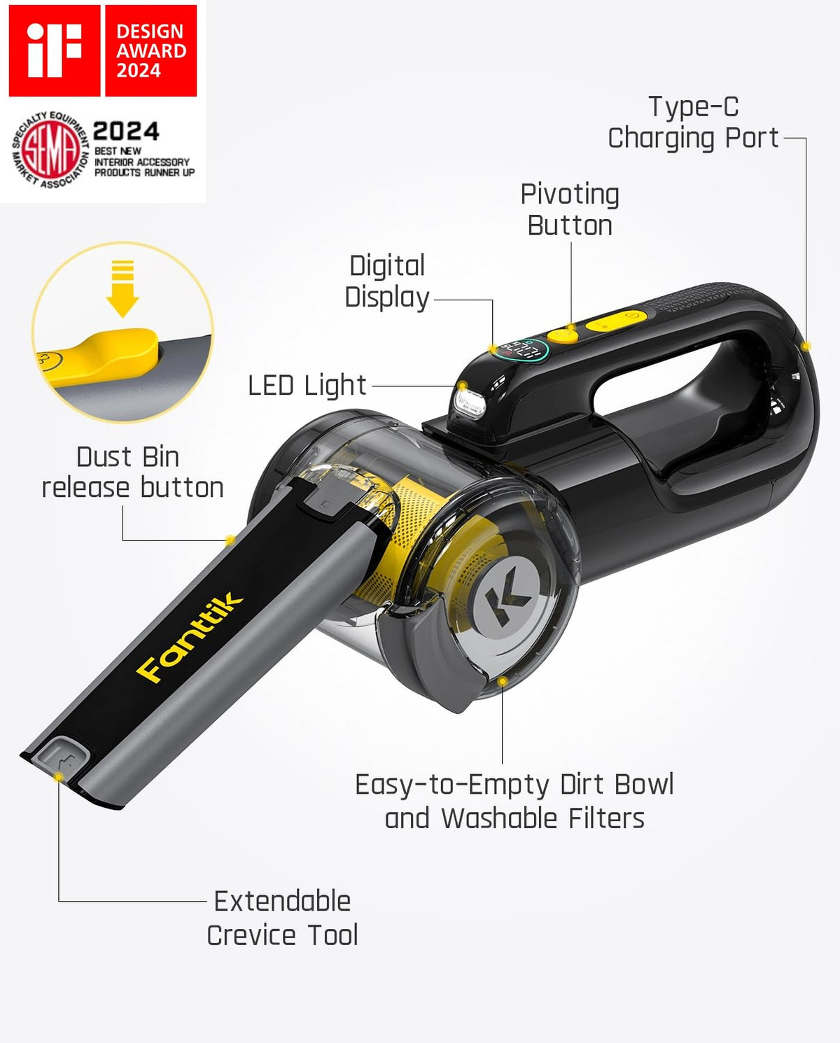 Fanttik Fold V10 APEX Pivot Cordless Car Vacuum, 17000Pa Handheld Vacuum Suction Power, Smart LED Display, Portable for Car Home Pet (Deluxe with Flexible Hose&Pet Brush)