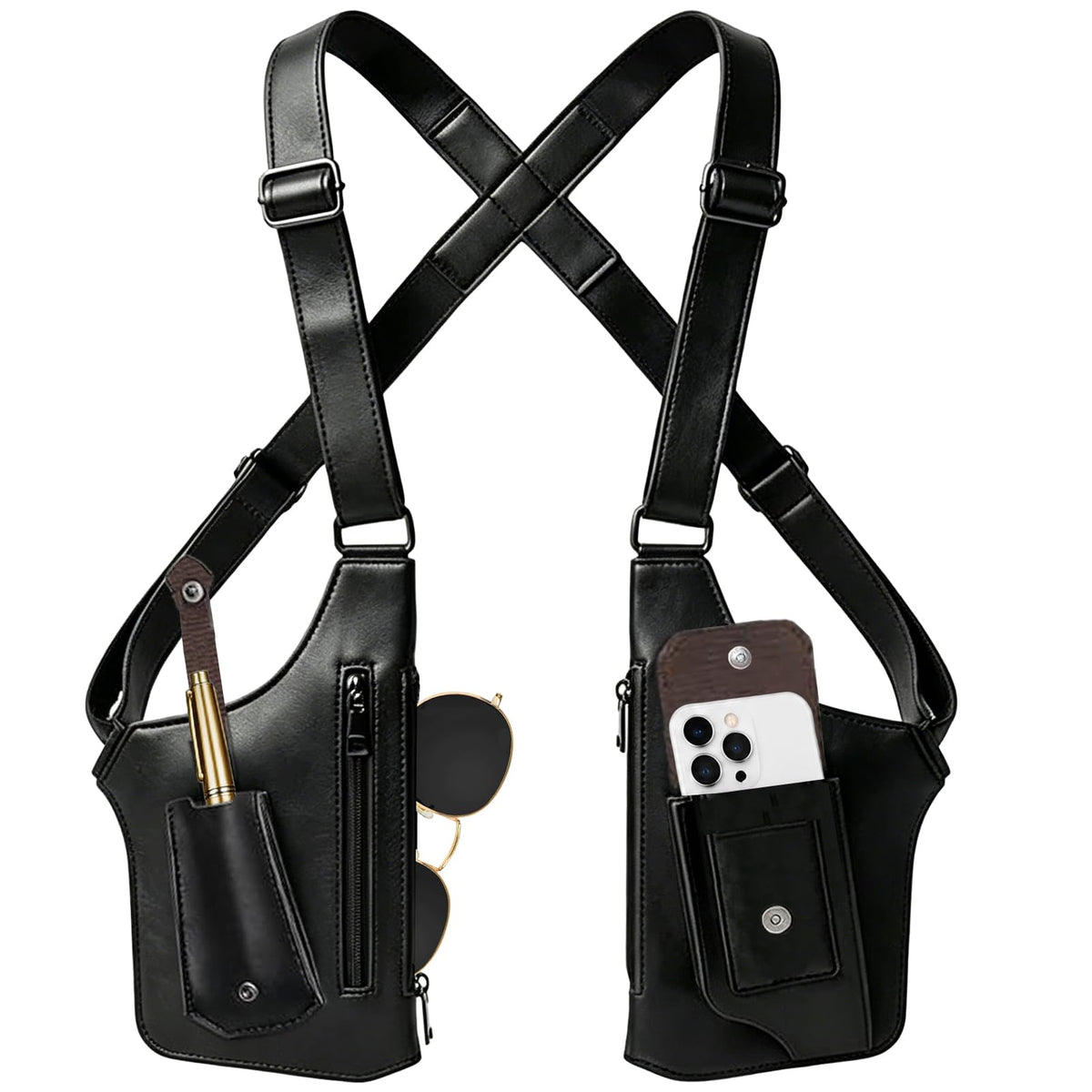 Adjustable Underarm Strap,Premium Leather Shoulder Bag for Men, Double Shoulder Bag Fashion Underarm Holster Wallet Adjustable PU Leather Waterproof Anti-Theft Harness for Men Father Gifts (Black)
