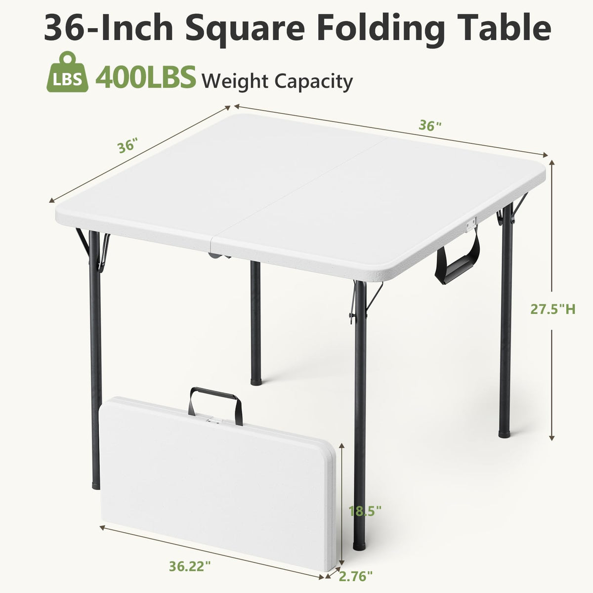 Folding Table 2 Pack, 36 Inch Square Foldable Card Tables, No Assembly Portable Folding Tables, Heavy Duty Fold-in-Half Tables with Carry Handles for Camping, Picnic, Parties, RV Travel & Indoor Use