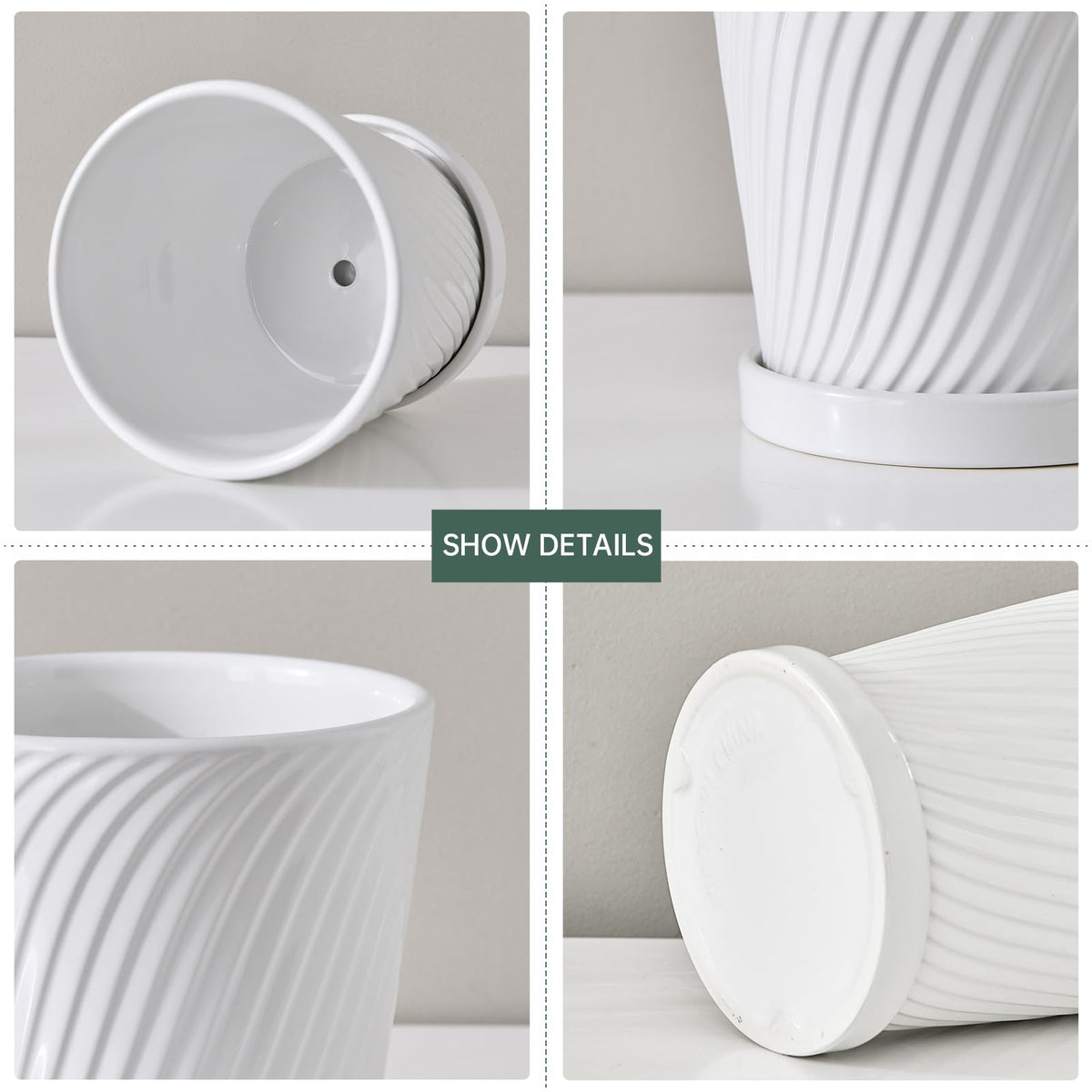 Ton Sin Plant Pots,White 6 Inch Flower Pots for Plants,Ceramic Planter with Drainage Holes,Indoor Planter Pots with Saucer,Outdoor Garden Pots (White, 4 Pack)