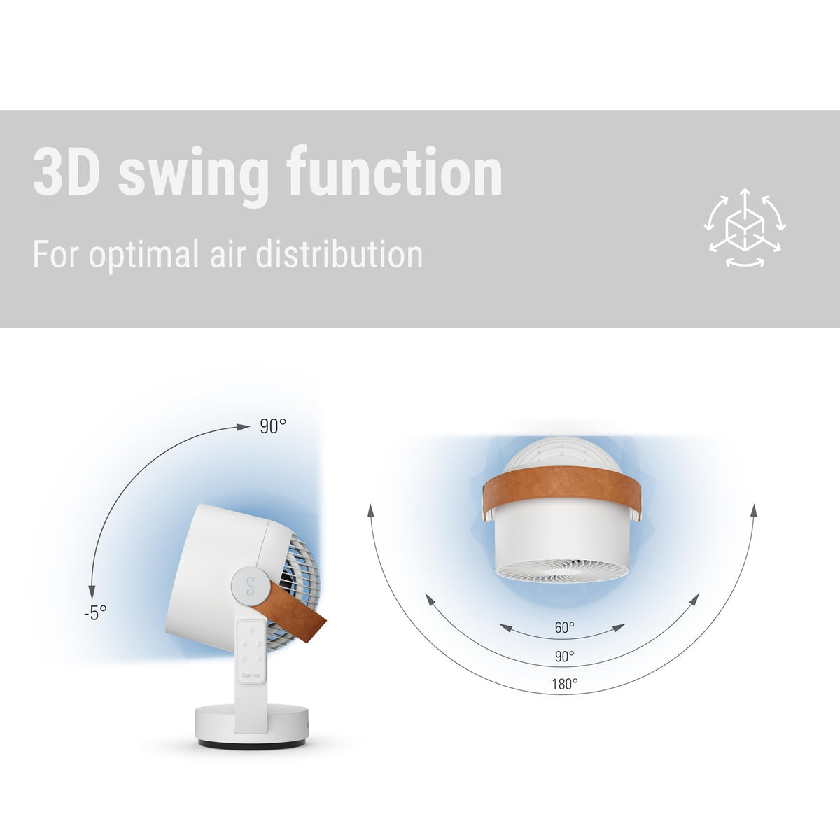 Stadler Form 3D air circulator Leo, fan with horizontal and vertical swing mode, wide range of up to 26 feet, white with remote control