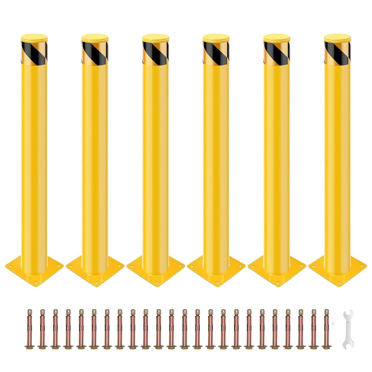 Safety Bollard 6 Packs, EliteEdge 48 Inch Height Bollard Post, 4.5 Inch Diameter Steel Pipe Safety Bollard Post, 8 Anchor Bolts, for Traffic Control, Driveway Barrier, Parking Pole