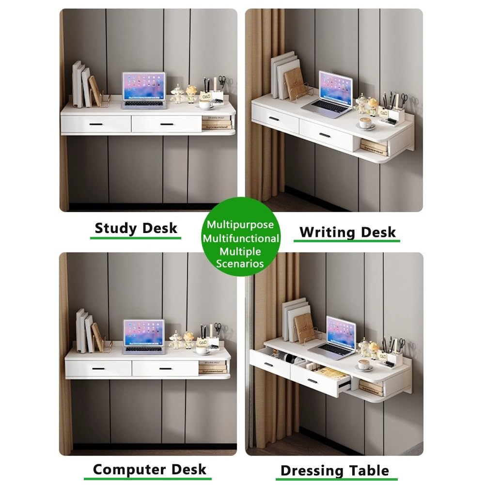 Sxlawesom Wall Mounted Desk, Floating Vanity Makeup Table with Drawer, Space-Saving Wall Organizer Computer Desk for Home Office(Natural Gray,80x40x25cm)