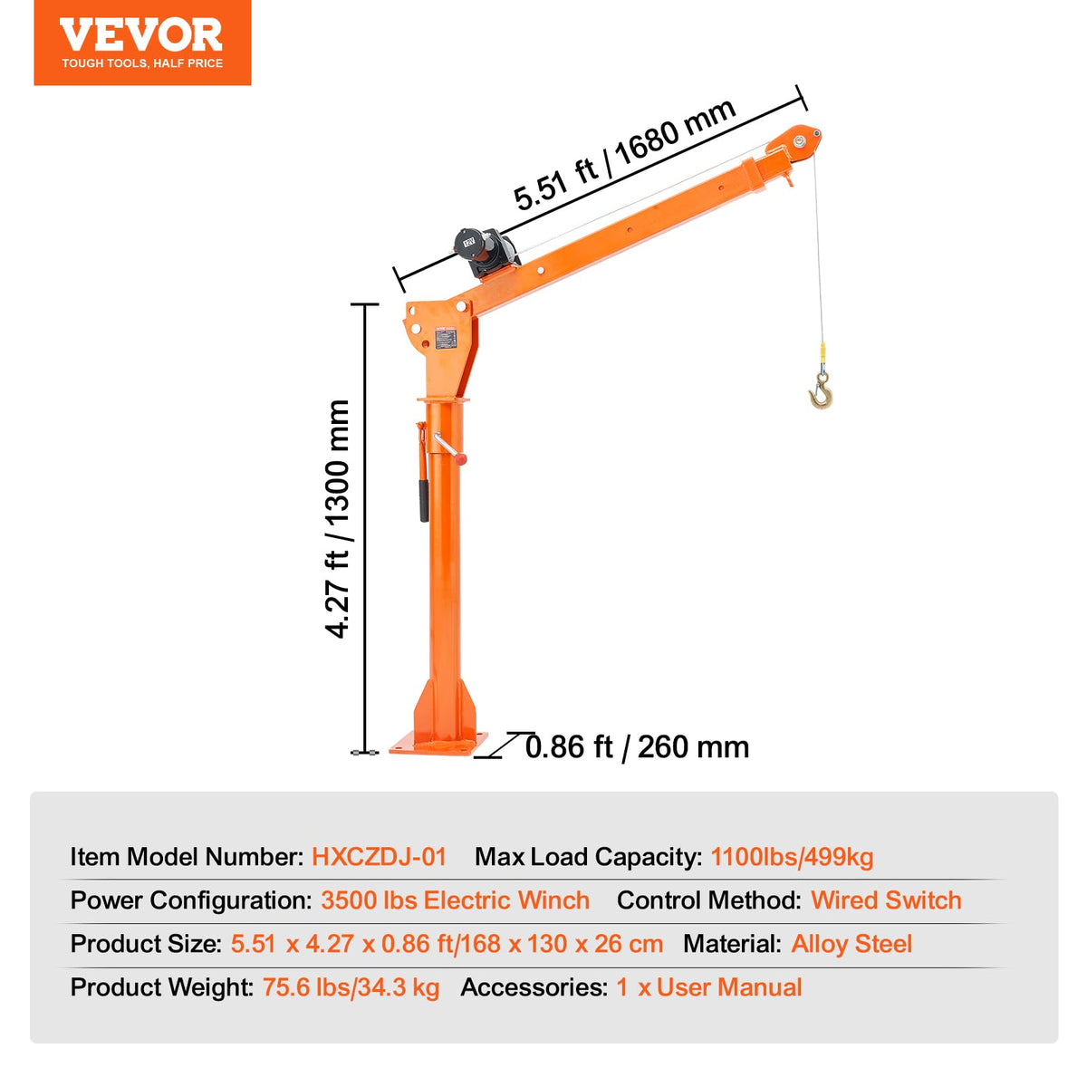VEVOR Electric Pickup Truck Crane, 1100 lbs, Folding Truck-Mounted Bed Crane with Electric Winch 3500 lbs, 360° Swivel for Lifting Goods in Construction, Factory