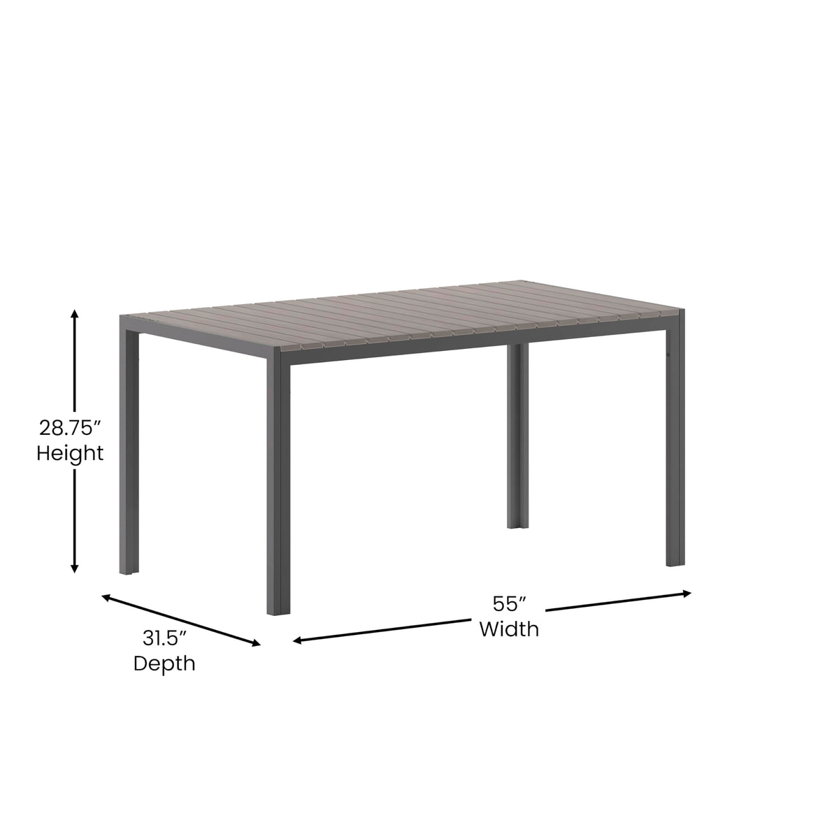 Flash Furniture Finch Commercial Grade Outdoor Dining Table 55" x 31" with Faux Teak Poly Slats and Metal Frame, Gray/Gray