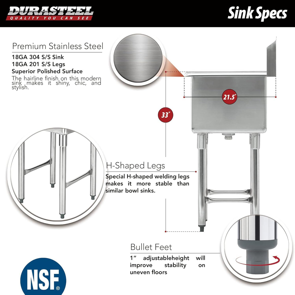 DuraSteel 304 Commercial Stainless Steel Utility Sink - 18 Inch Tub Freestanding Prep Kitchen Sink - NSF Hand Wash Station for Kitchen Sinks, Outdoor, Laundry Room, Garage Slop Small Kitchenette