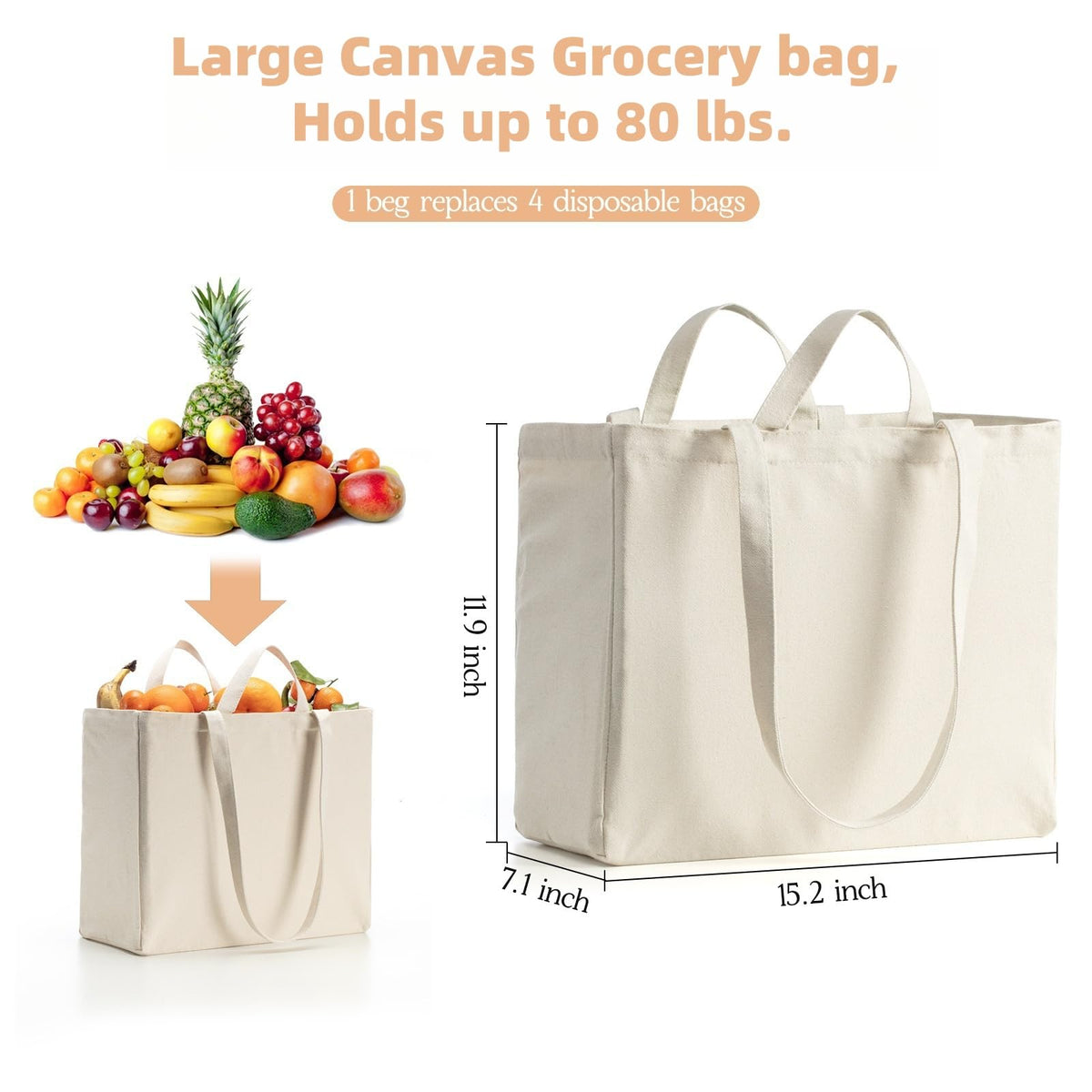 LINICE Canvas Tote Bag Reusable Grocery Bags with Long Shoulder Strap and Short Handle Foldable Heavy Duty Washable (3 Pack)