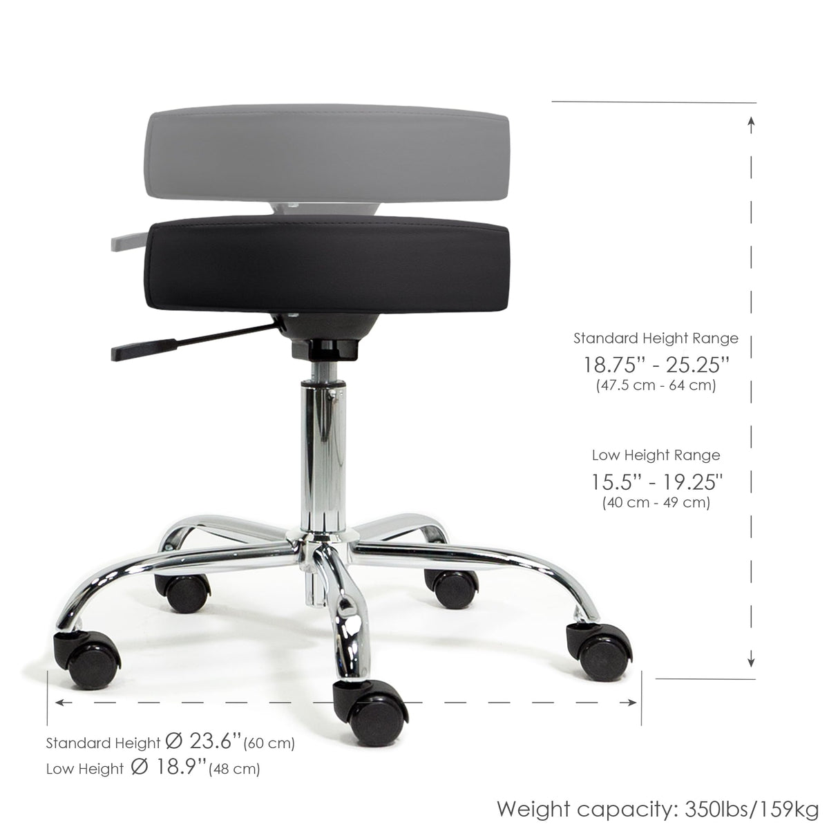 EarthLite Pneumatic Rolling Stool, Std Height, 19” - 25", Black