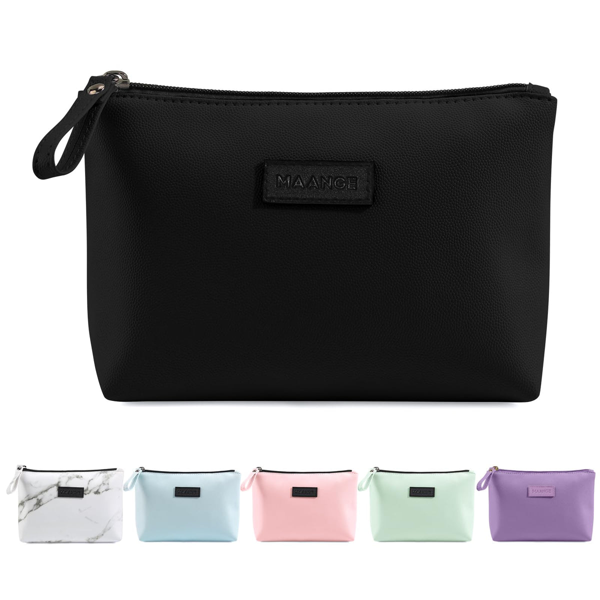 MAANGE Cosmetic Bags for Women Small Makeup Bag for Purse Pu Leather Makeup Pouch Travel Makeup Bag with Zipper Make Up Bag for Travelling (Black)