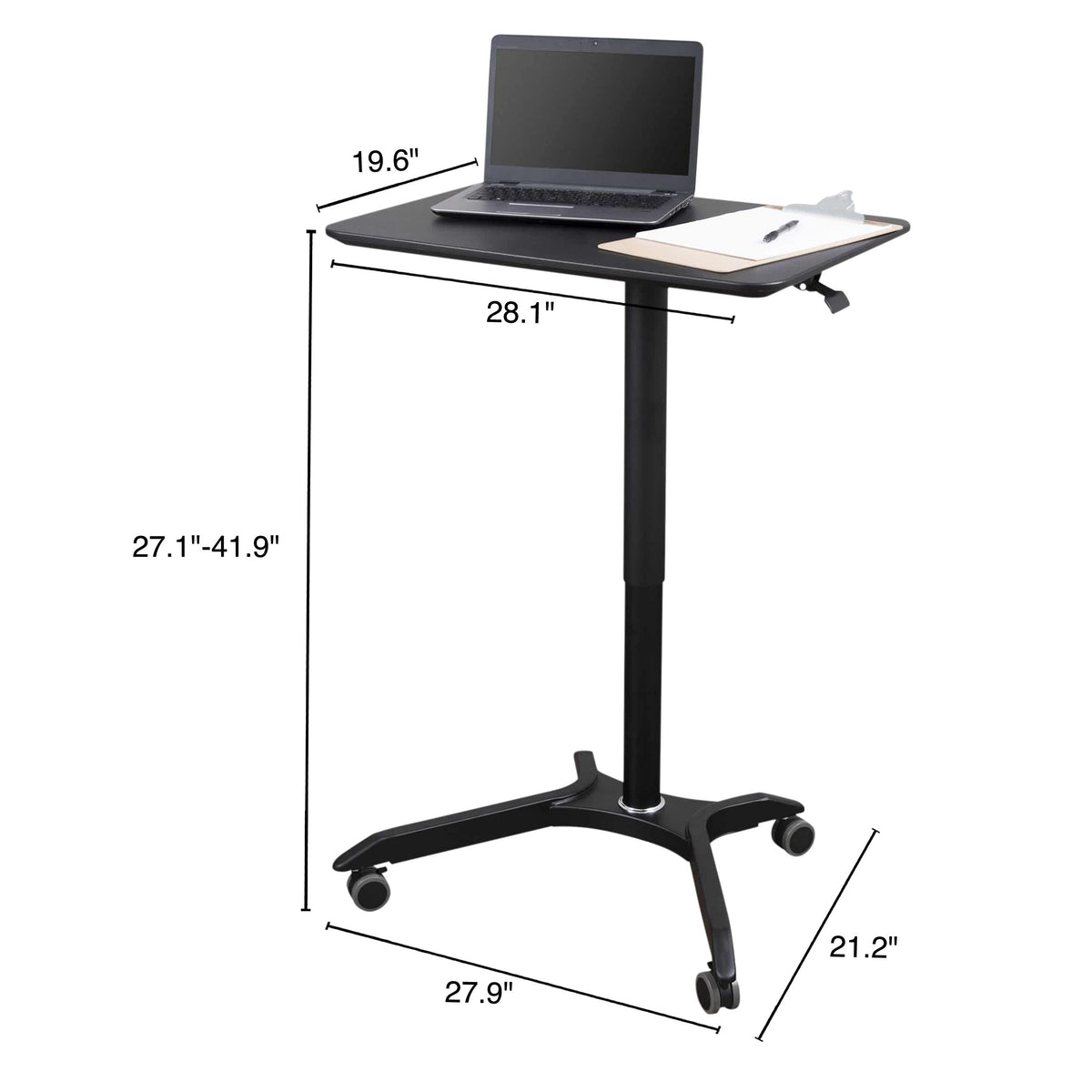 Stand Up Desk Store Pneumatic Adjustable Height Rolling Mobile Laptop Standing Desk Cart (Black Frame/Black Top, 28" Wide)