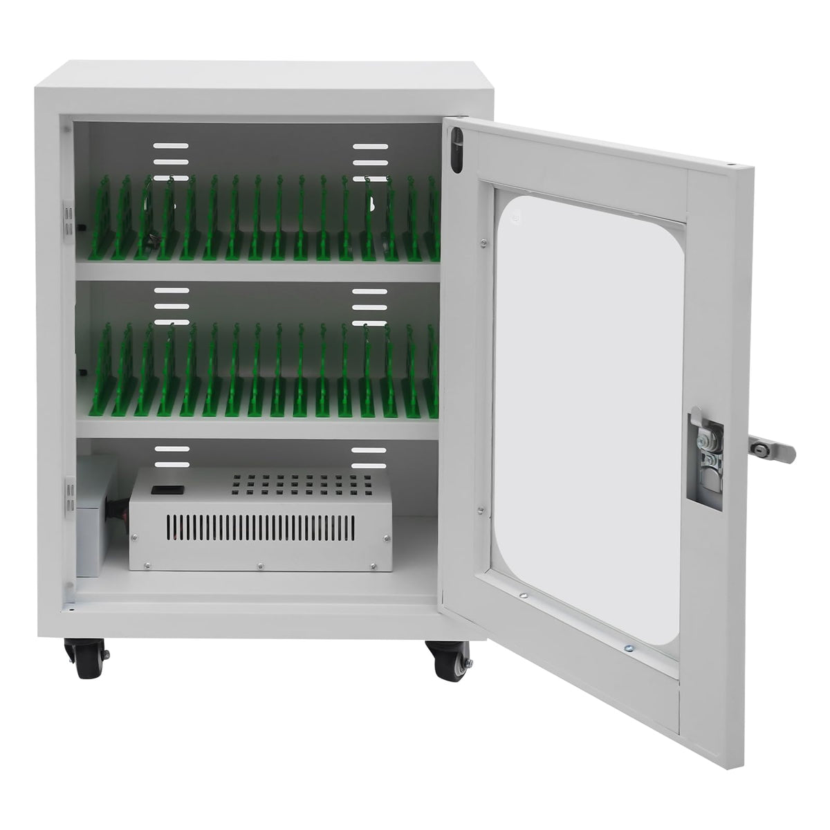 30 Device Charging Station, Mobile Charging Cart for Phones with Tempered Glass Door Rolling Phone Charging Cabinet with Cable Management Slot for Classroom Office (White)