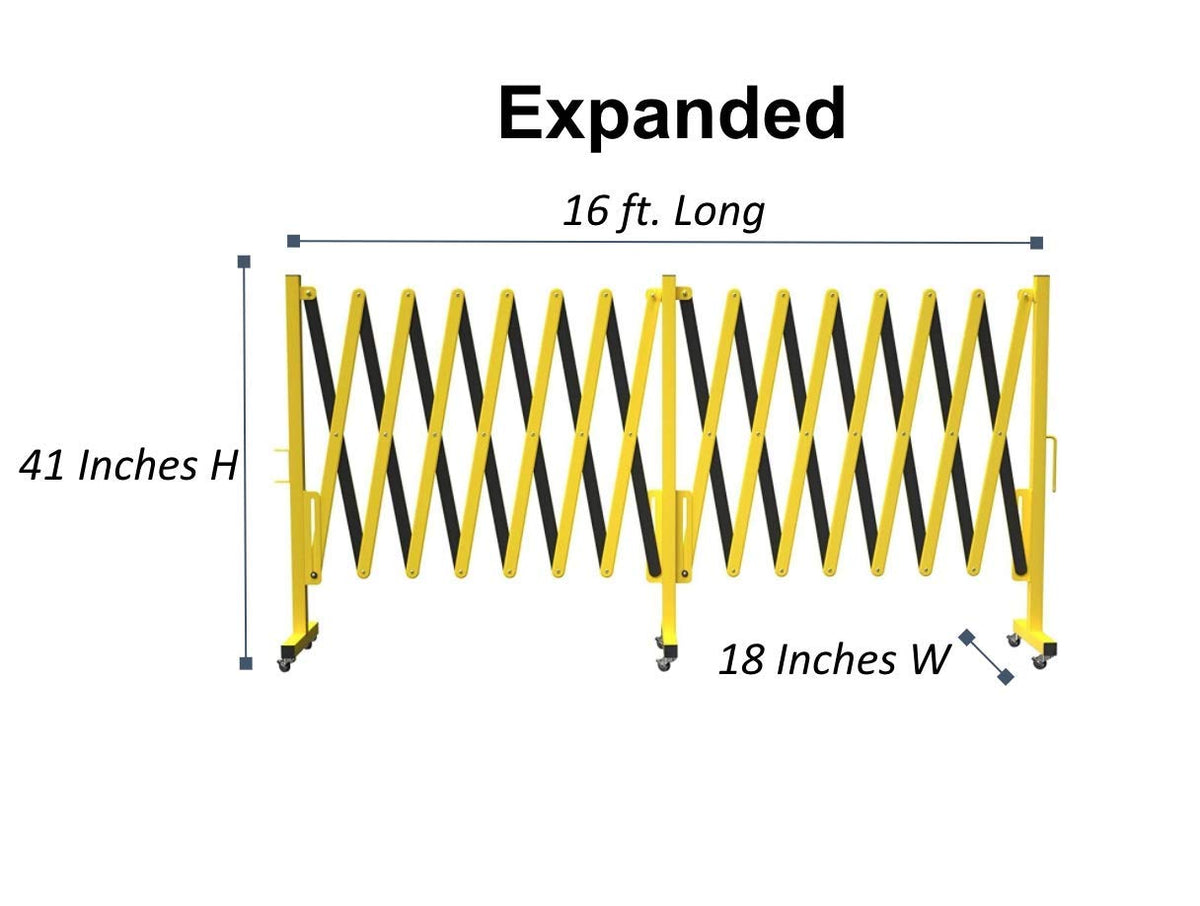 Trafford Industrial Expandable Metal Barricade, 16 Feet, Yellow and Black, Mobile Safety Barrier Gate, Retractable Traffic Fence
