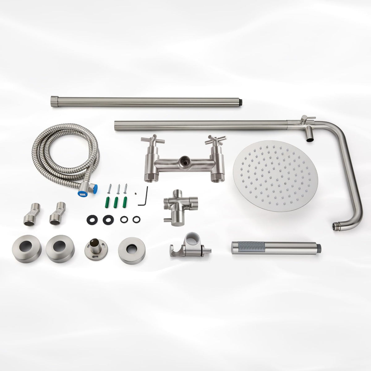 gotonovo Outdoor Shower Fixtures SUS304 Stainless Steel Rain Shower Kit Faucet High Pressure Wall Mount 2 Dual Function 8 Inch Showerhead and Handheld Spray Combo, Double Cross Handle, Brushed Nickel