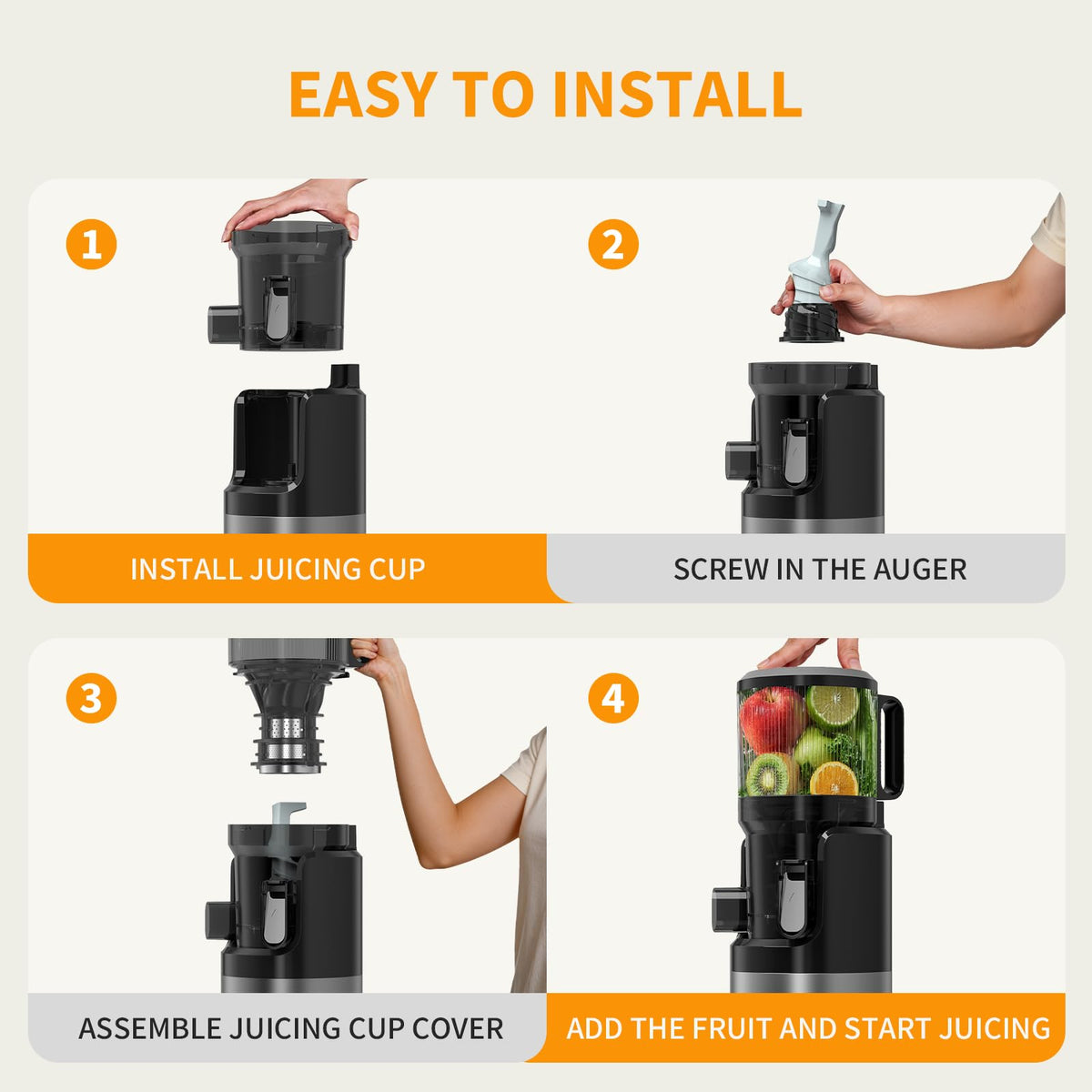 XTKKGFBIR Cold Press Juicer, 400W Masticating Juicer with 6" Extra-Large Feed Chute, 55RPM Slow Juicer, High Juice Yield, Easy to Clean, for Whole Fruits, Vegetables, Nut Milk & Sorbet, 1.8L Capacity
