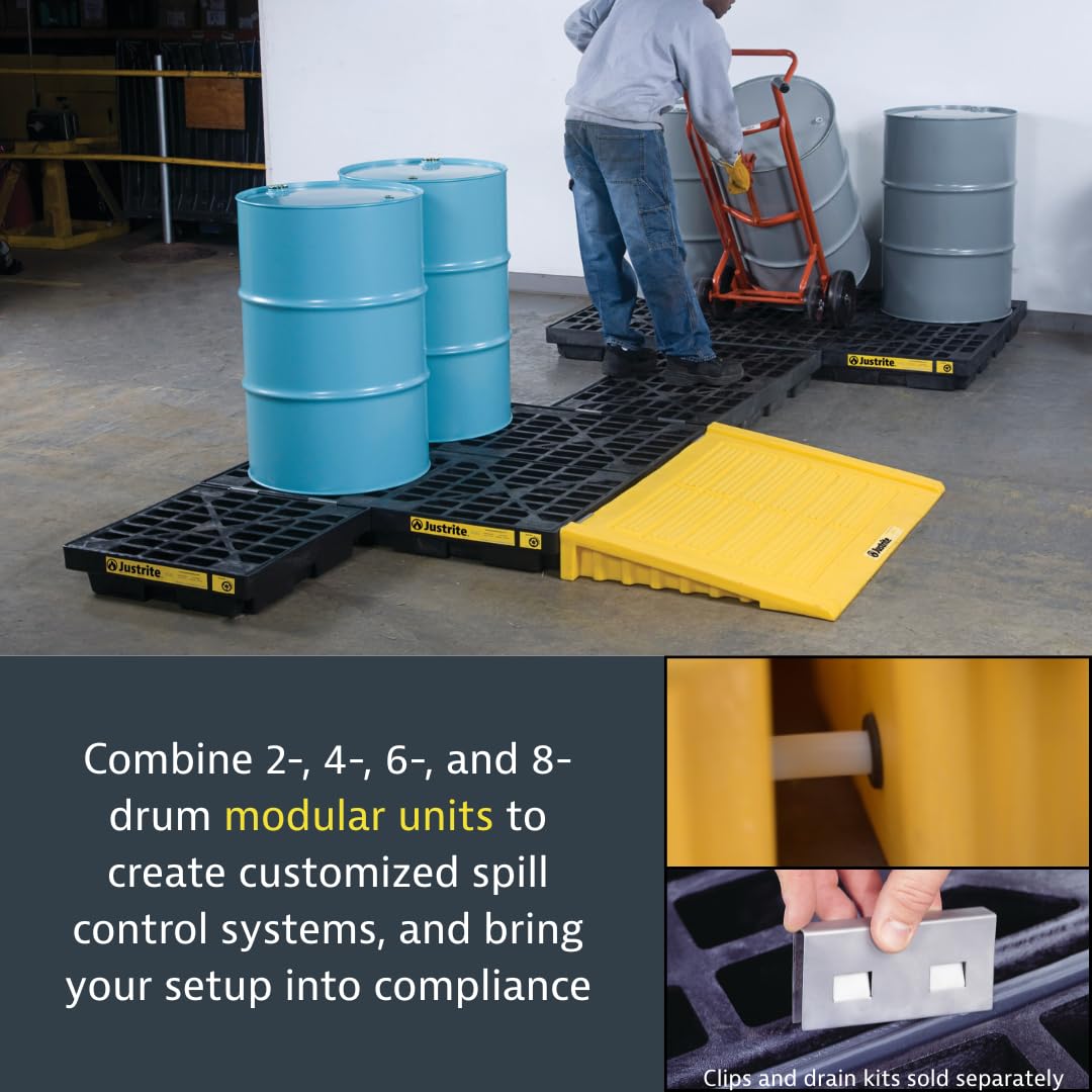 Justrite Low Profile 1 Drum Spill Containment Pallet Accumulation Center - 5.5" Tall - 12 Gal Capacity for 55 Gallon Drum Containment - Made in The USA from 100% Recycled Polyethylene - Black - 28653