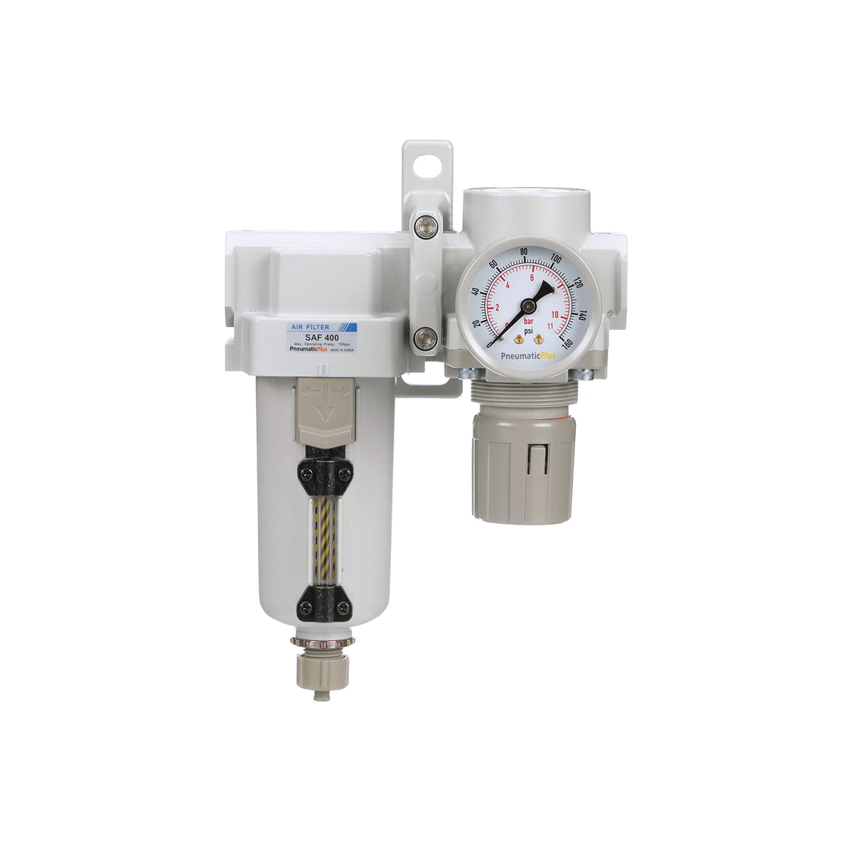 PneumaticPlus SAU420-N04G-MEP Compressed Air Filter Regulator Combo 1/2" NPT - Metal Bowl, Manual Drain, Bracket, Gauge