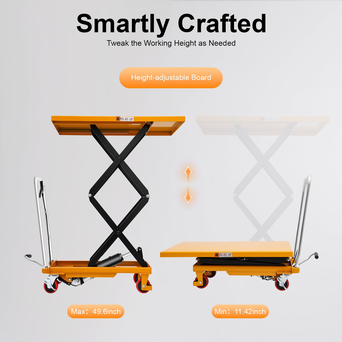 HIFMGHE Hydraulic Lift Table Cart 770lbs, 51" Lifting Height Hydraulic Lift Table, Double Scissor Pallet Truck with 4 Locking Wheels for Material Handling and Transportation