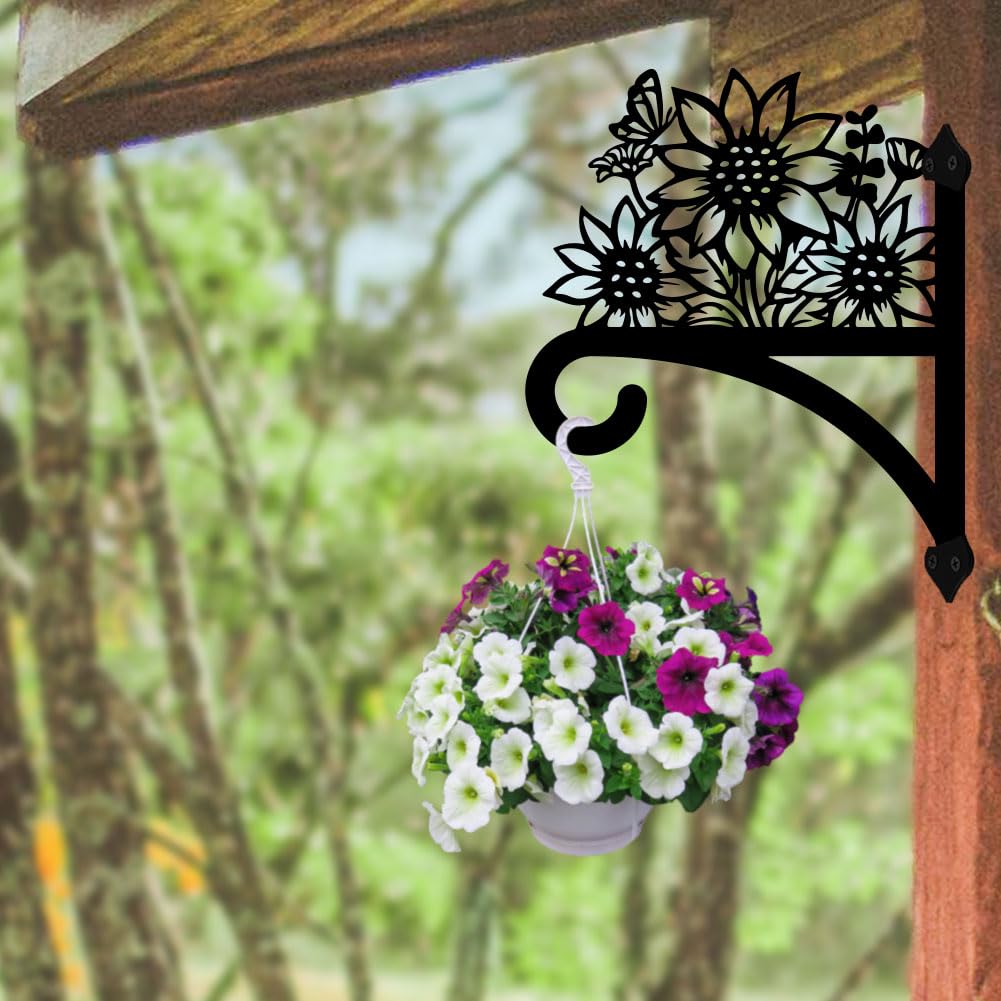 Peacoblue Iron Plant Hangers Hooks for Outdoor Indoor Hanging Plants Flower Fern Pots Lantern Bird Feeder Wind Chimes, 12"x15" Weather Resistant Metal Wall Holder for Porch Garden Farmhouse(Sunflower)