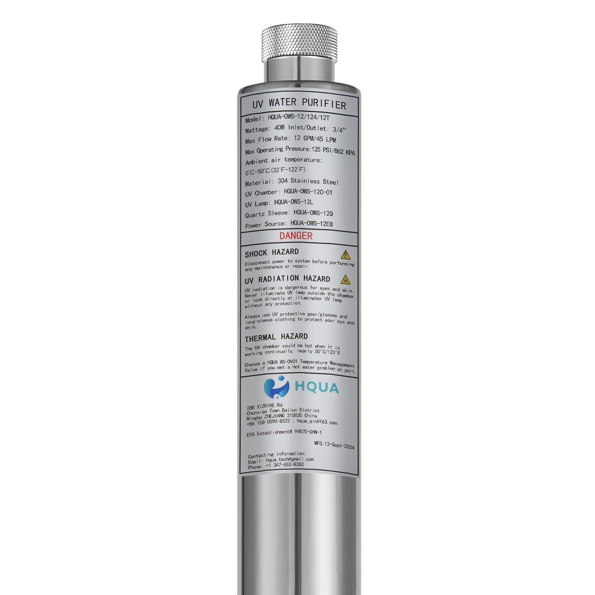 HQUA-OWS-12 120V 40W 3/4" MNPT Inlet/Outlet Whole House Ultraviolet Water Purifier Filter, + 1 Extra UV Bulb