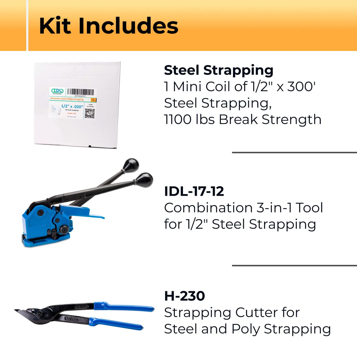 IDL Packaging PRO 1/2" x 300' Steel Strapping Kit, 1100 lbs Break Strength – with Innovative IDL-17-12 Combination Tool, No Seals Required – Complete Packaging Strapping Solution