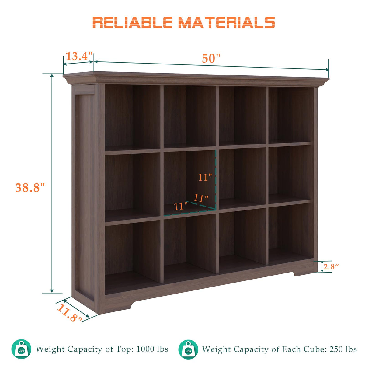 OSCHF Cube Shelf Bookcase with Base - Wooden 3 Tiers Floor Standing Low Storage Cabinet for Home and Office, 12-Cube Lattice Bookshelf, Walnut