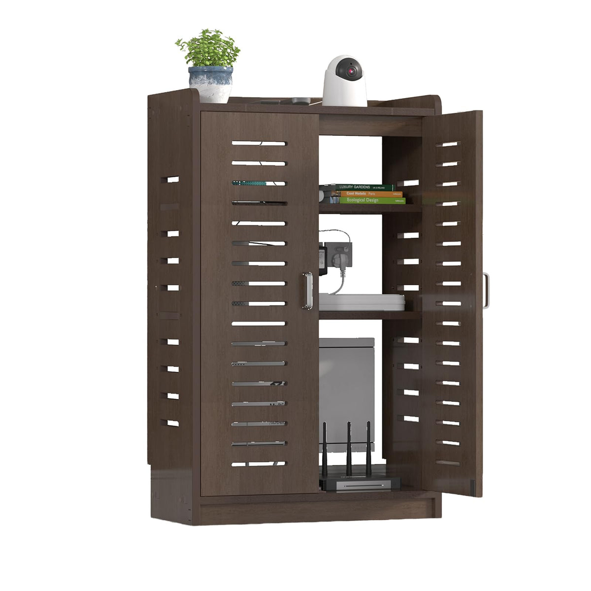 Large WiFi Router Cabinet 20''x31''x10'' Floor Standing Modem Organizer with Cable Management, White Electronics Enclosure for Power Strips & Network (Brown)