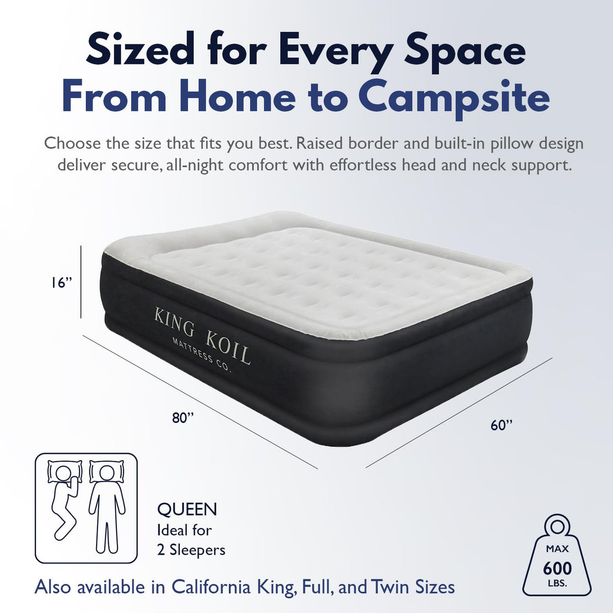 King Koil Luxury Pillow Top Plush Queen Air Mattress with High-Speed Built-in Pump, Blow Up Bed Top Side Flocking, Puncture Resistant, Double High Inflatable Airbed Guests & Travel 1-Year Warranty
