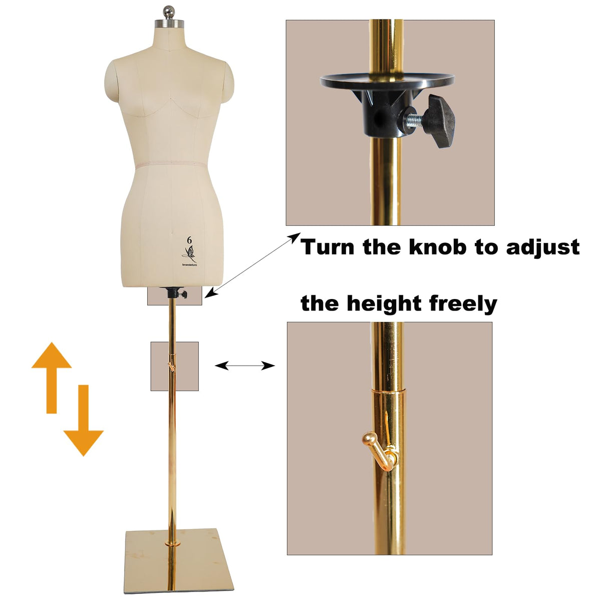 lavandeform Female Dress Model Torso Body Clothing Forms,Sewing Mannequin Foam Body for Pinning.Height Adjustable Stand. (Beige, 6)