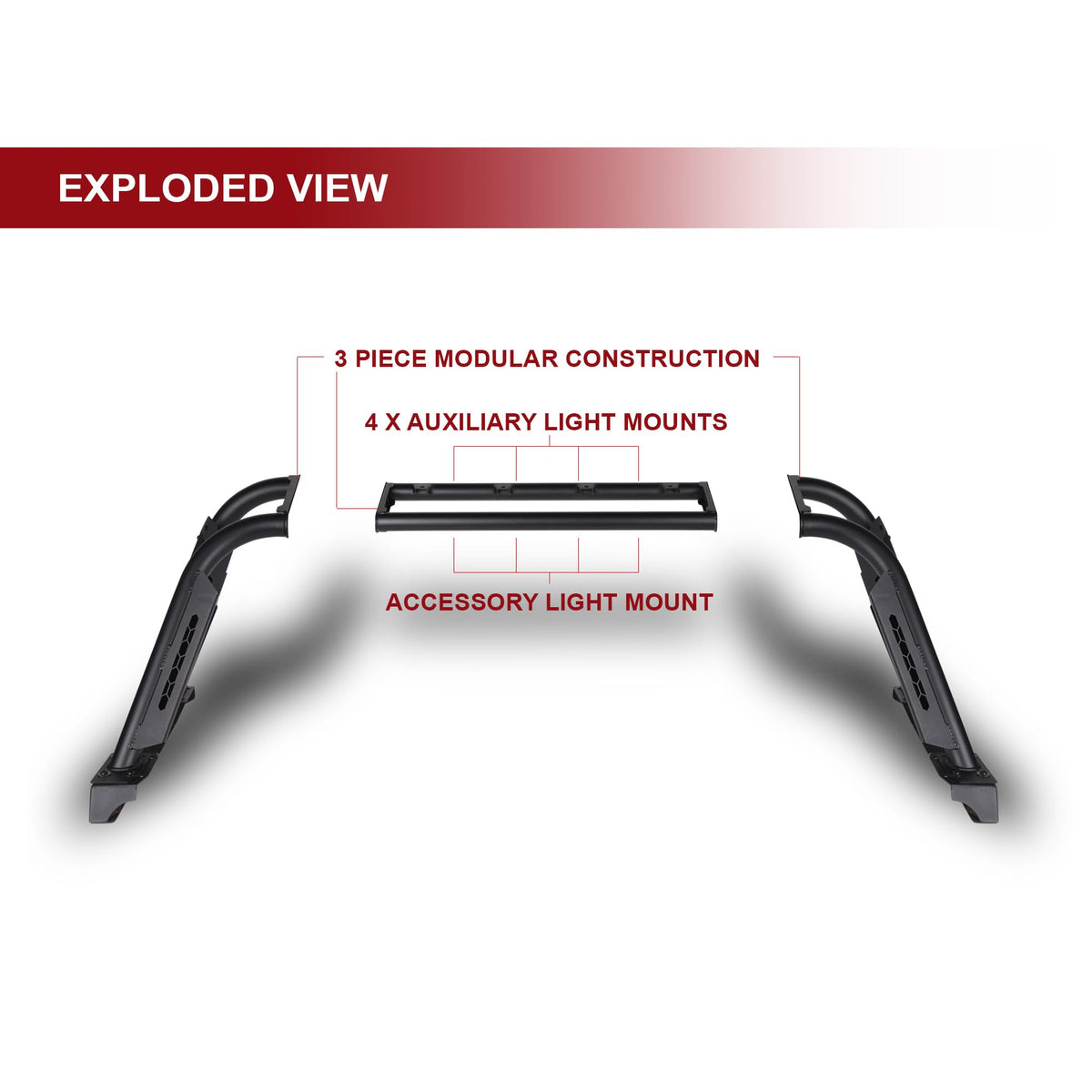 Armordillo USA 8710876 CR-M Modular Adjustable Chase Rack Roll Bar - Matte Black Fits Full Size Pickup Truck