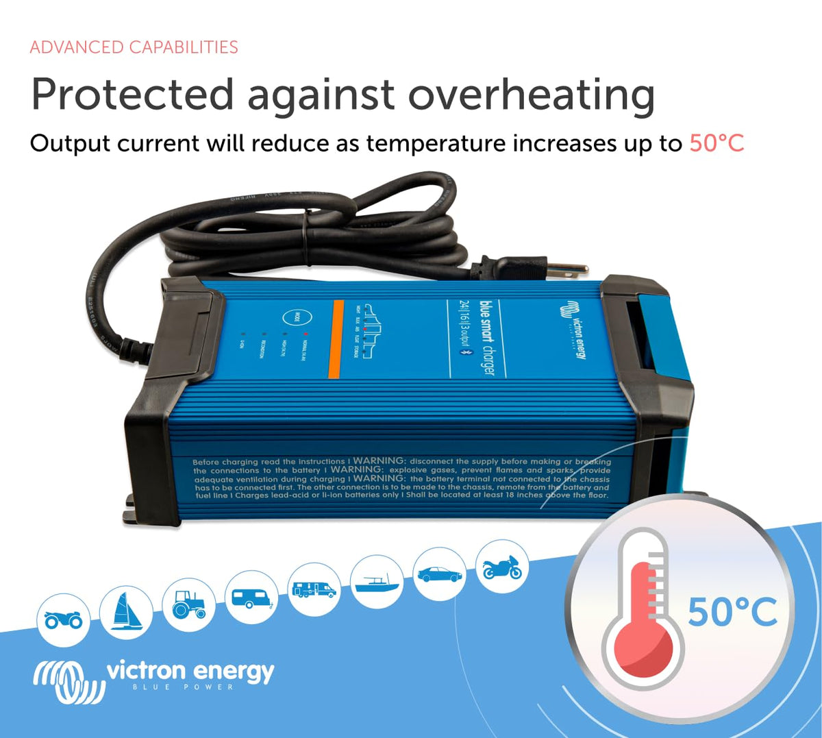 Victron Energy Blue Smart IP22 Smart Car Battery Charger 24V 16A, Float & Trickle Charger and Desulfator for Motorcycle, ATV, RV, Lithium and Deep Cycle Batteries, 3 outputs