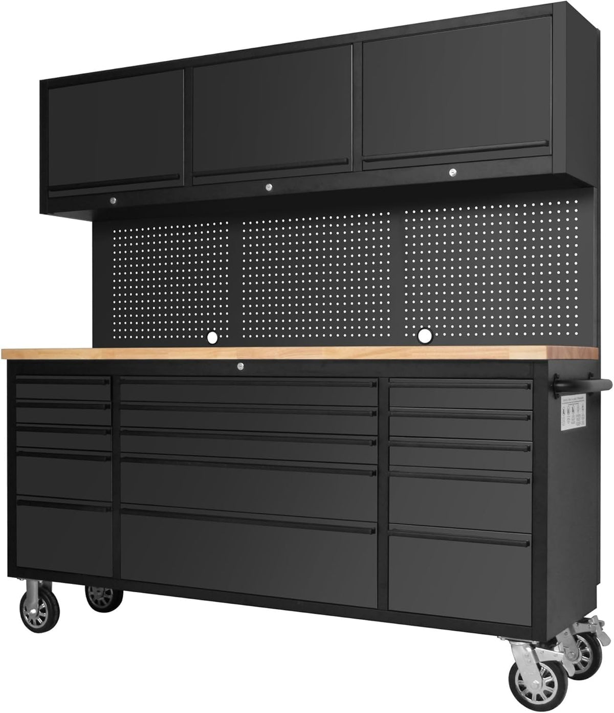 MERXENG 72-inch Rolling Tool Chest Cabinet Garage Workbench with 15 Storage Drawers and Wheels, 3 Upper Cabinet, Pegboard, Steel Large Tool Box for Garage Workshop, Matte Black