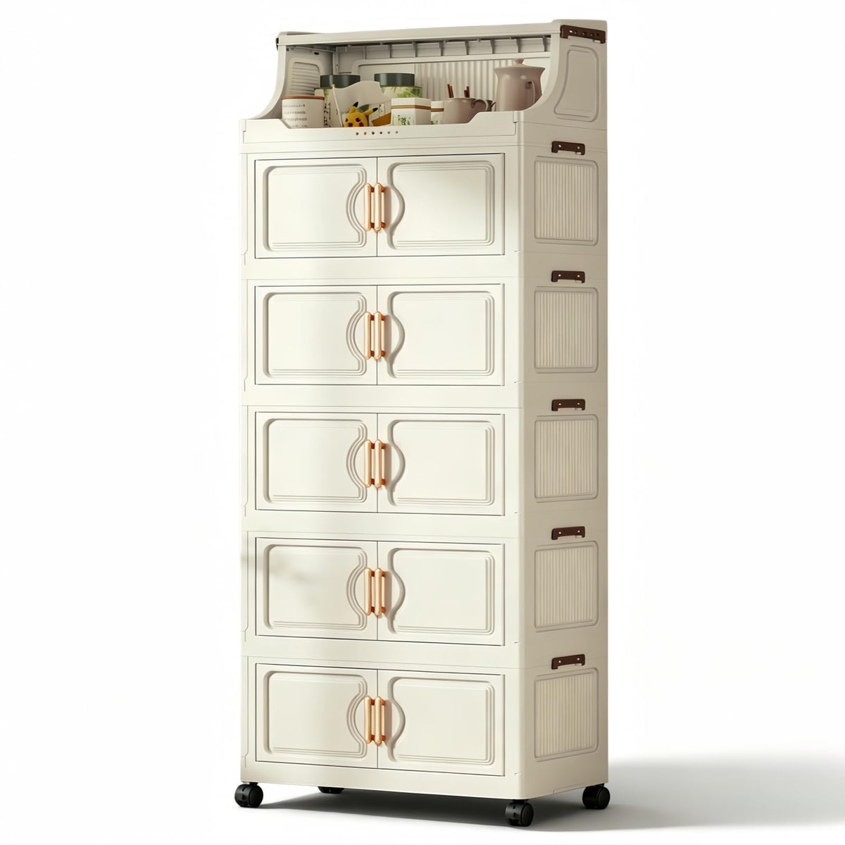 260QT Stackable Storage Bins with Lids & Rack, 6 Tier Large Capacity Foldable Storage Cabinet, Clear Collapsible Pantry Organizer for Home, Kitchen, Bathroom, Dorm, Office, White