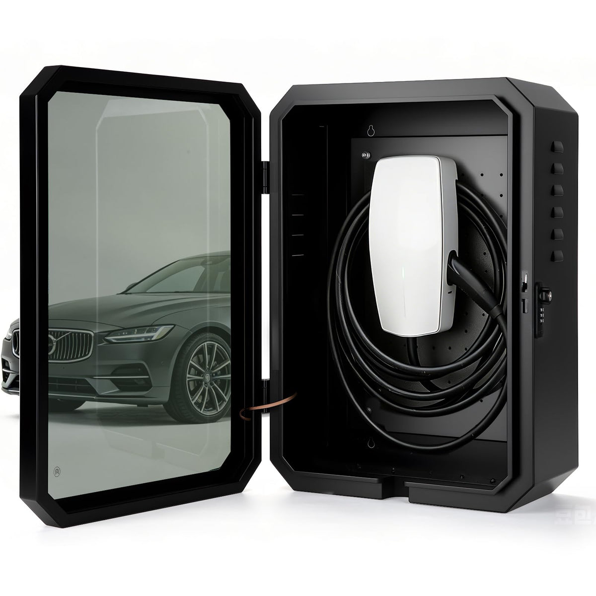 QLYYOPSK EV Charger Lock Box, Waterproof Outdoor Wall Station Enclosure, IP65 Weatherproof, 23'' x 16'' x 9'', Steel with Acrylic Window, Combination Lock & Cable Holder, for Level 2 EV Charger