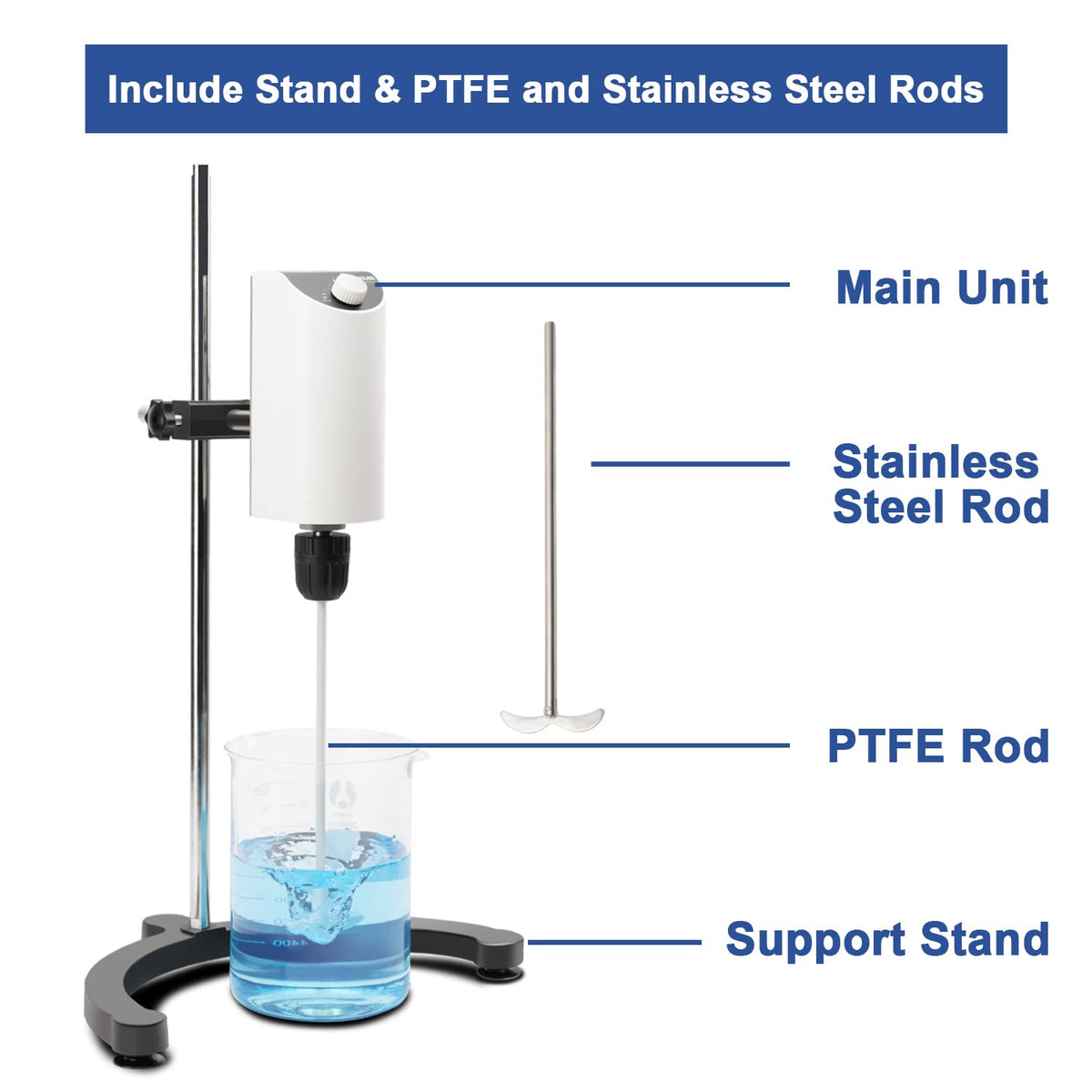 ONiLAB Lab Analog Overhead Stirrer, 10L Capacity, 100-2500rpm Adjustable Speed,Max.Viscosity 10000mpas, Lab Mixer with Overload Protection, Overhead Mixer with Support Stand&Two Stirring Rods,110-220V