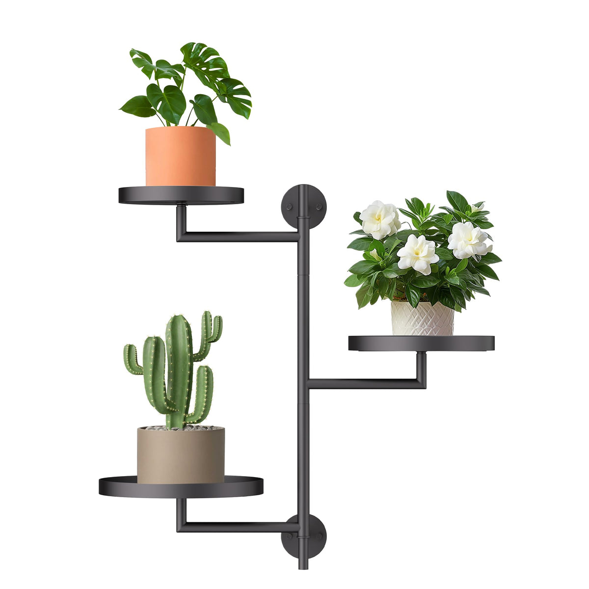 YQSLYSF Window Rotating Plant Stand Shelf Indoor Black Metal Floating Shelves 3-Tier Wall Mount Plant Holders for Living Room Wall Planter Modern Home Decor for Gardening