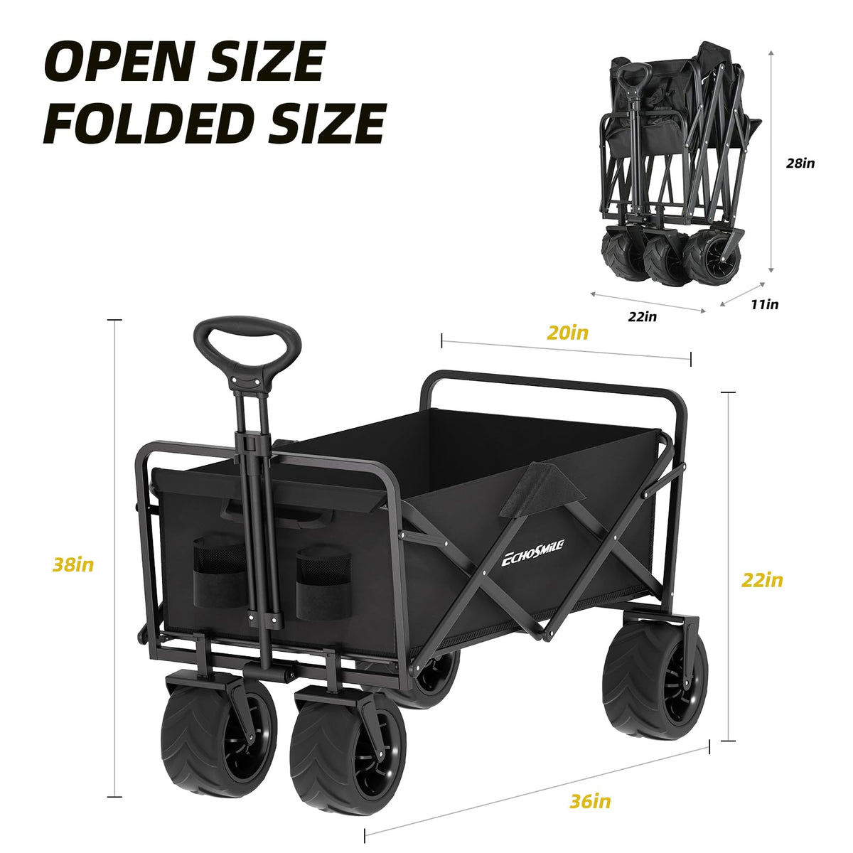EchoSmile Heavy Duty 350 Lbs Capacity Collapsible Wagon, Outdoor Folding Camping Grocery Portable Utility Cart, Adjustable Rolling Carts, All Terrain Sports Wagon with Big Wheels (Black)