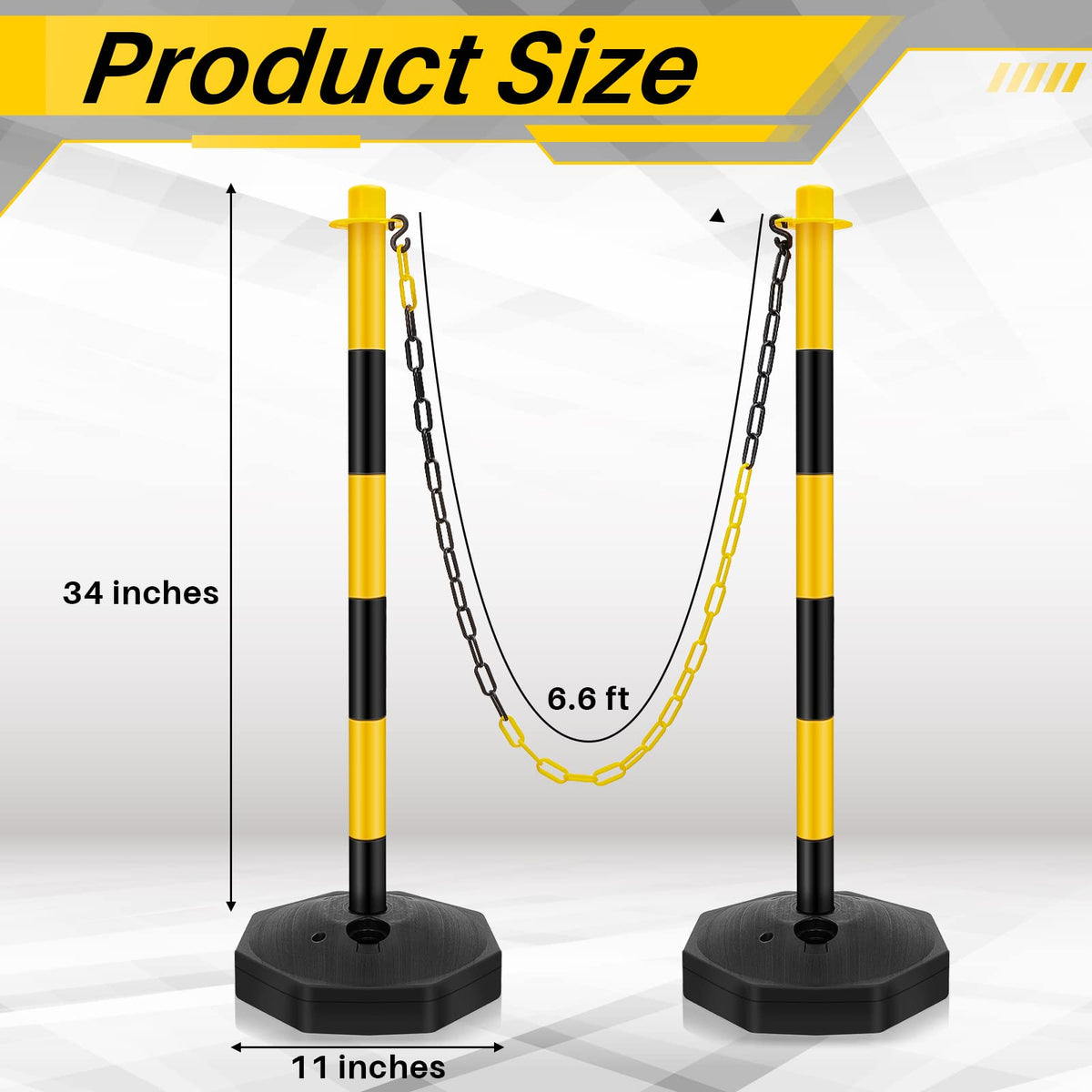 Konohan 12 Sets 34 Inch Parking Cone Delineators Post Traffic Cone Plastic Stanchion Set Stands Parking Barrier with Base 6.6 ft Chain S Hooks Reflective Collar (Yellow,Black)