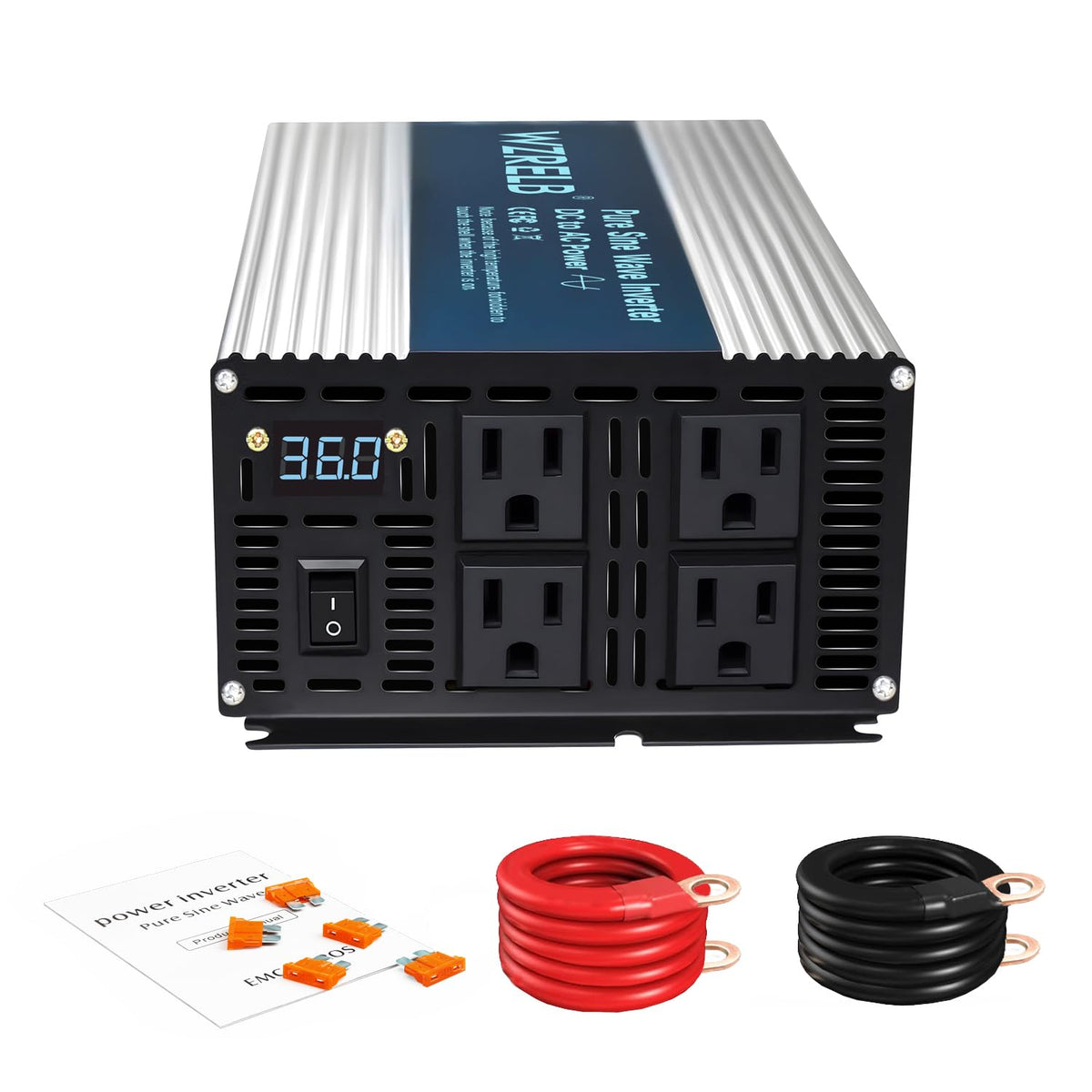 WZRELB 2000W Pure Sine Wave Inverter 12V DC to 110V 120V AC Power Converter with LED Display, Off-Grid Portable Power Inverter with 4 AC Outlets for Home, RV, Truck, Camping