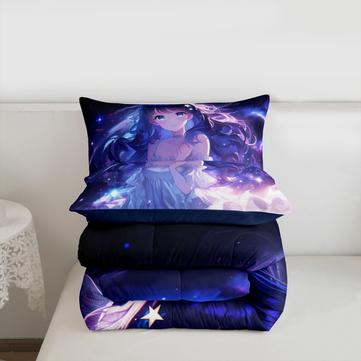 Erosebridal Anime Girls Bedding Anime Gifts Comforter Set for Kids Purple 3D Galaxy Printing Bedding Sets, Cartoon Long Curly Hair Girly Printed Comforter Kids Kawaii Japanese Girl Bed Set, Full