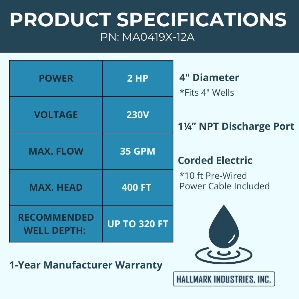 Hallmark Industries MA0419X-12A Deep Well Submersible Pump, 2 HP, 230V, 35 Gpm, 420 feet, Stainless Steel