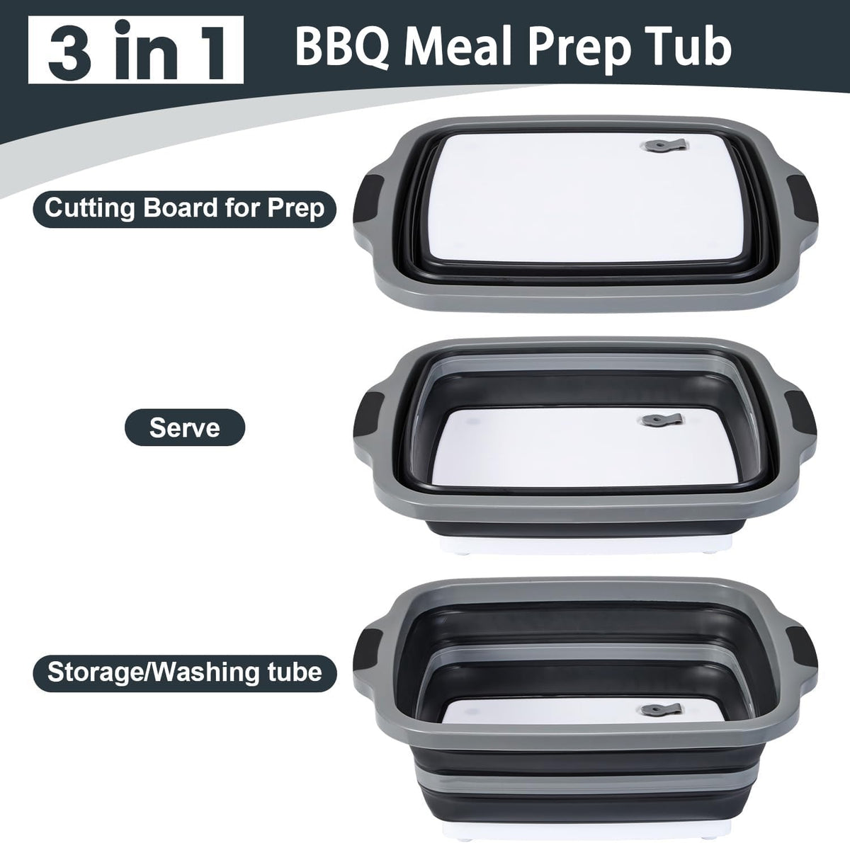 Verdvoca 1 Pcs 30L & 2 Pcs 16L Collapsible BBQ Prep Tubs with Lids for Fruit Prep & Washing, Meal Marinating and Food Storage
