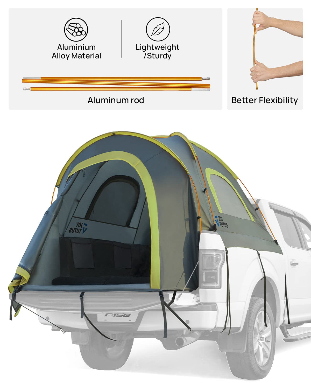 JOYTUTUS Pickup Truck Tent 5ft 2.0, Waterproof PU2000mm Double Layer for 2 Person, Portable Truck Bed Tent with Rainfly, Green, Aluminum Pole